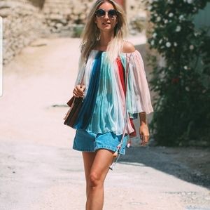 NWOT Rainbow Gathered Chiffon Off the Shoulder Top